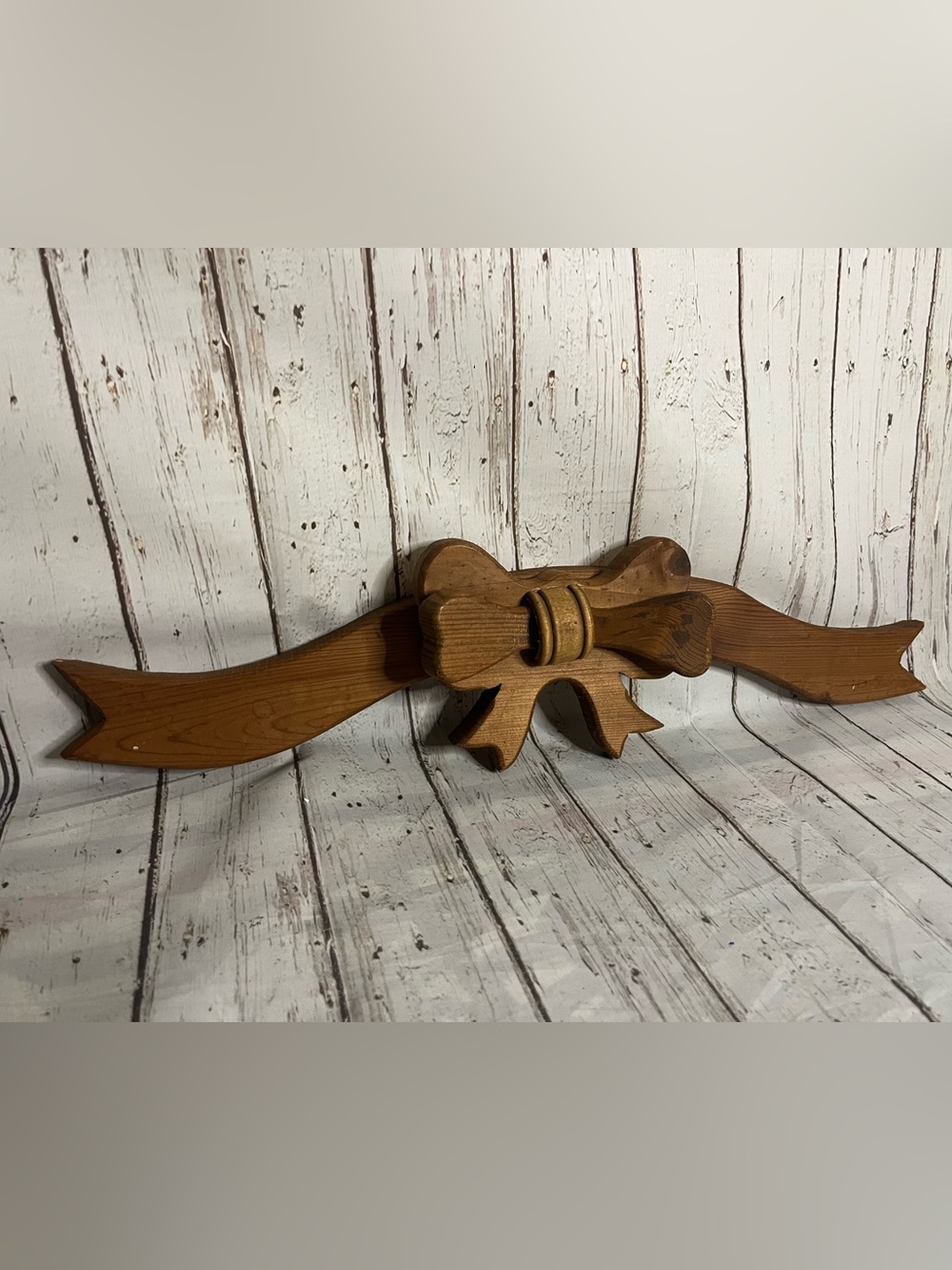 Vintage Cottage Core 20” Long Wood Bow with Ribbon Granny Core Wall Hanging